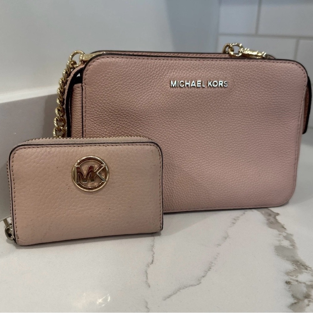Michael Kors Jet Set East West Crossbody Bag & Wallet Powder Blush Pink Pebbled